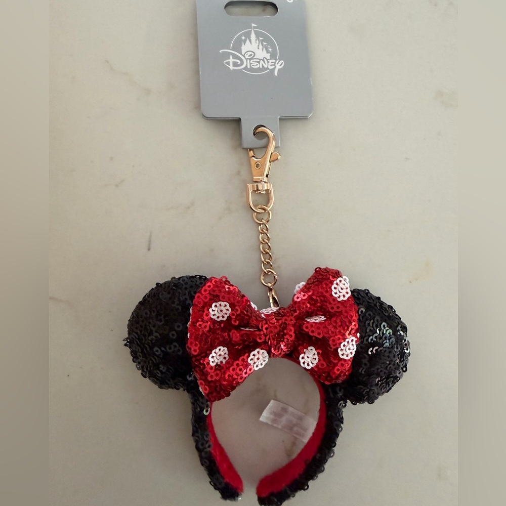 Disney Black Sequin Minnie Keychain with Red Polka Dot Bow